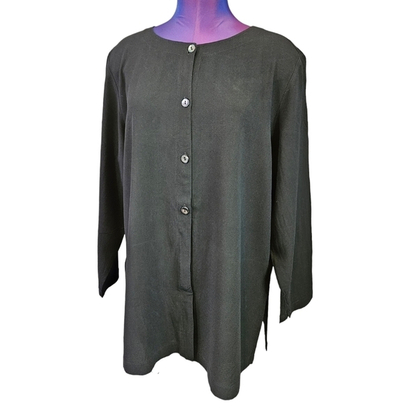 Eileen Fisher Black Handkerchief Button Down Silk Tunic Size Medium Women's - Picture 1 of 8